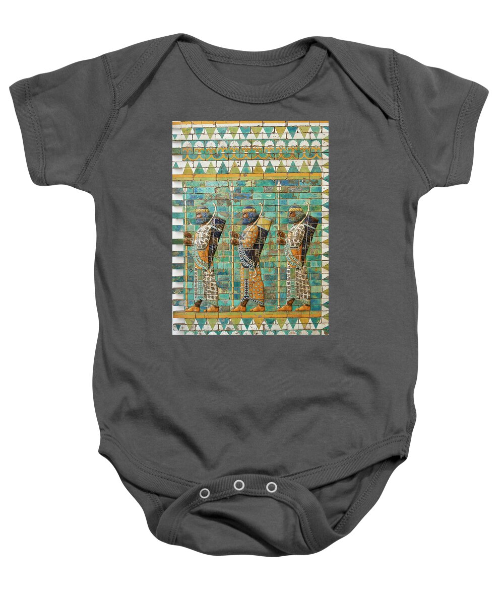 Soldiers Baby Onesie featuring the photograph Coloured glazed terracotta brick panels of archers - C 510 BC - Pergamon Museum, Berlin #2 by Paul E Williams