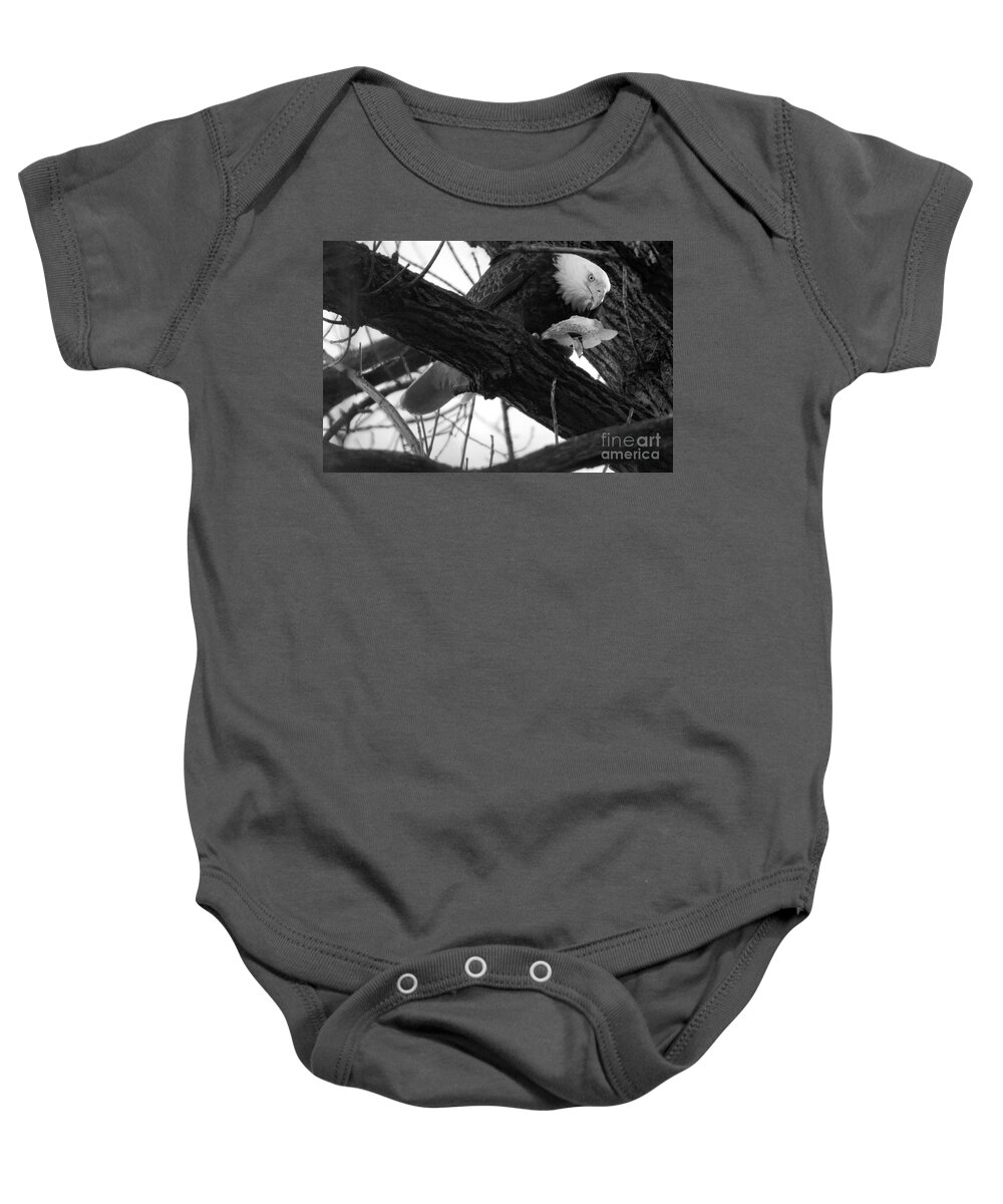 Conowingo Baby Onesie featuring the photograph Conowingo Maryland Eagle Lunch Black And White by Adam Jewell