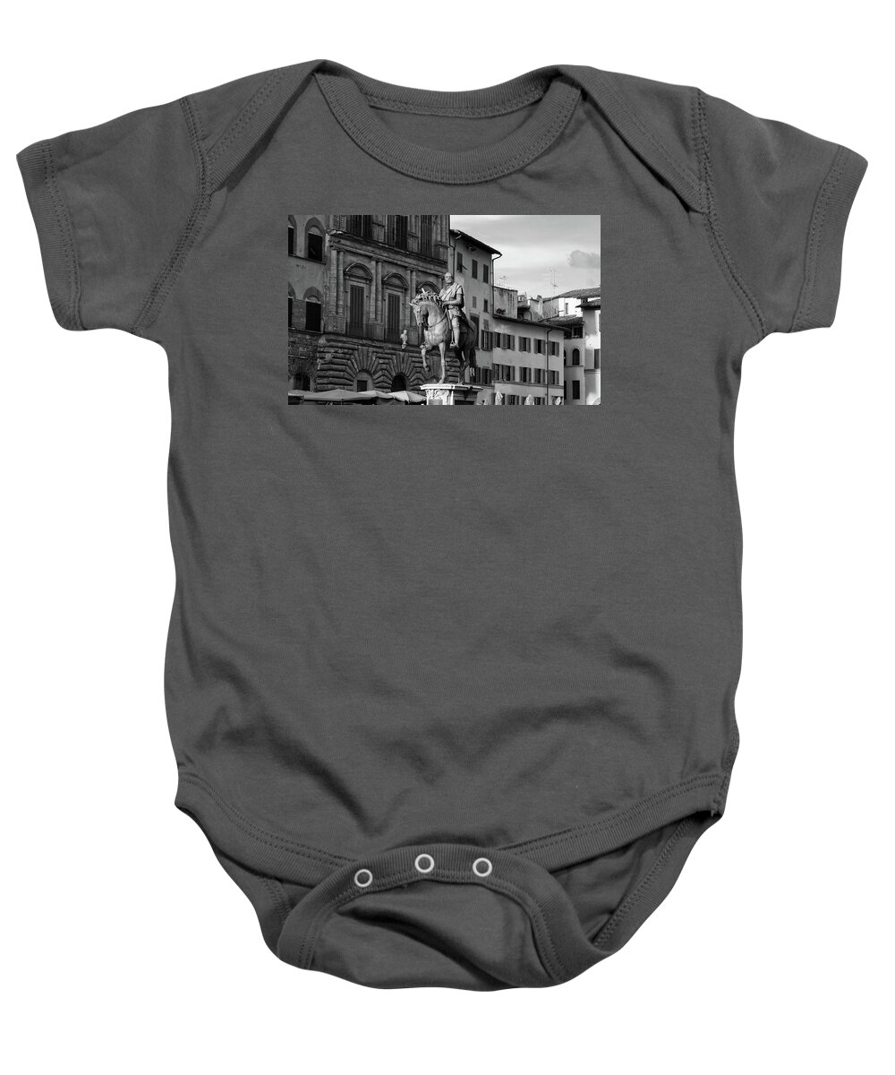 Florence Baby Onesie featuring the photograph Cosimo I Bronze Equestrian Monument Piazza Della Signoria Florence Italy Black and White by Shawn O'Brien