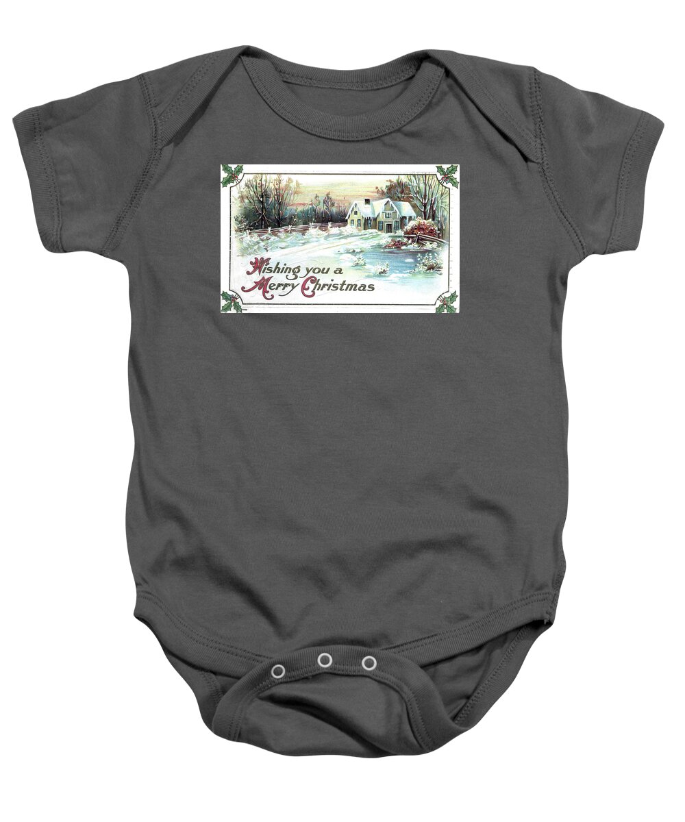 Merry Baby Onesie featuring the digital art Cottage Woods With Snow by Pete Klinger