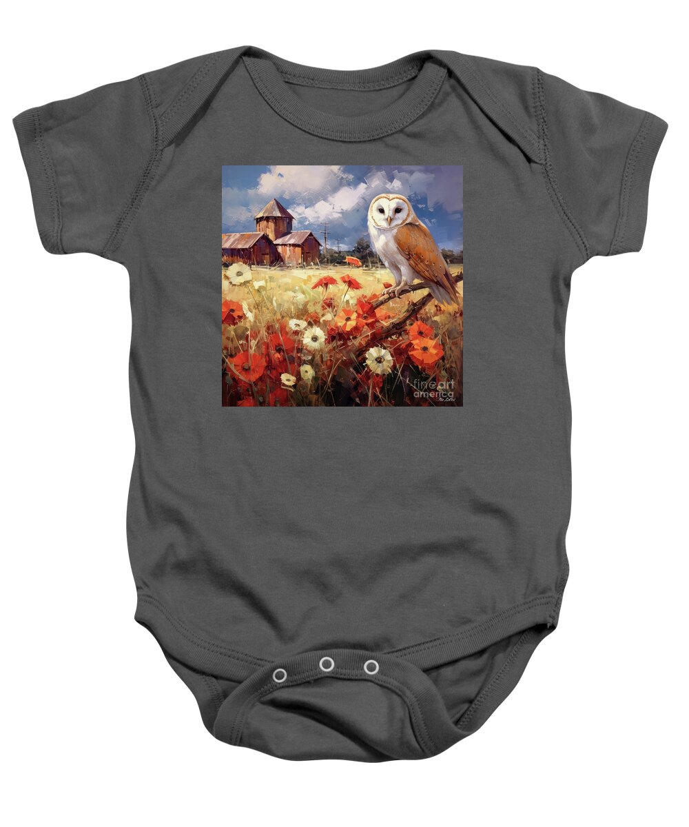 Barn Owl Baby Onesie featuring the painting Country Barn Owl by Tina LeCour