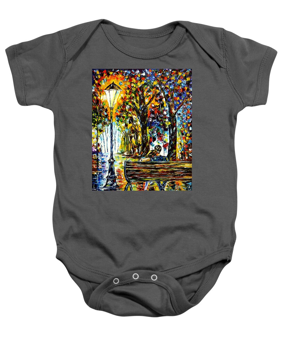 Lovers On A Bench Baby Onesie featuring the painting Couple On A Bench by Mirek Kuzniar