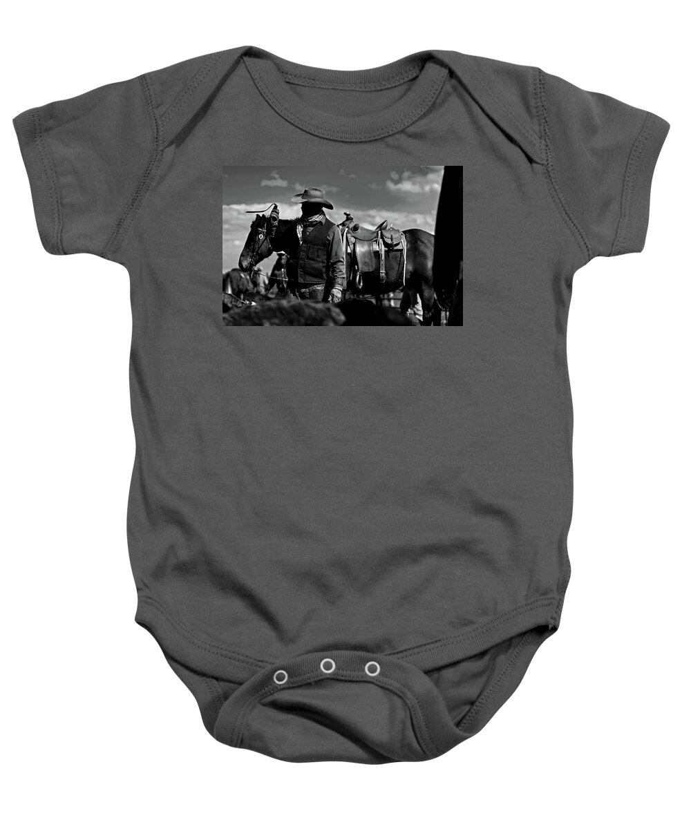 Ranch Baby Onesie featuring the photograph Cowboy and his horse by Julieta Belmont