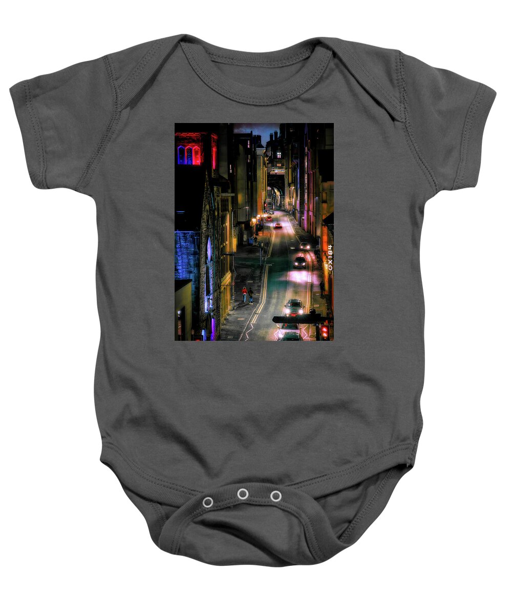 Night Baby Onesie featuring the photograph Cowgate by Micah Offman