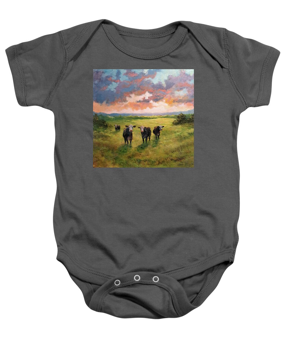 Cows Baby Onesie featuring the painting Cows at sunsete by David Maynard