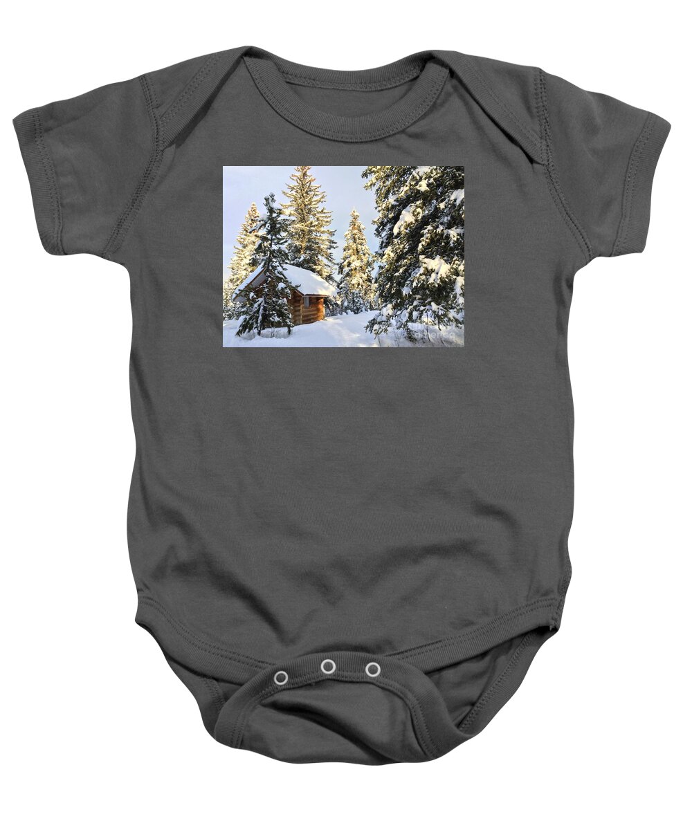 Cozy Cabin In Iconic Canadian Winter Scene. Baby Onesie featuring the photograph Cozy Cabin by Nicola Finch