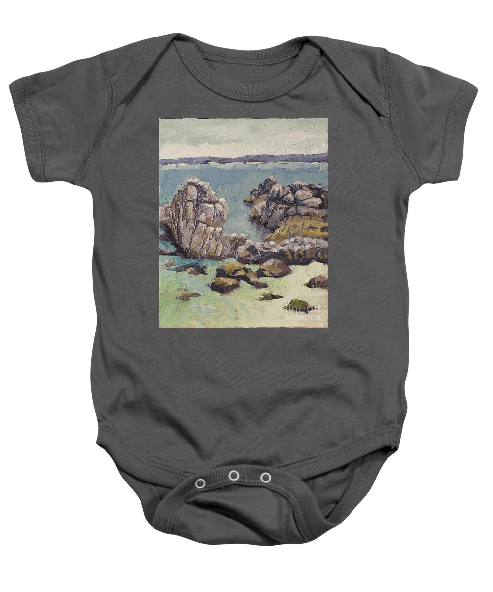 Monterey Baby Onesie featuring the painting Craggy Rocks by PJ Kirk