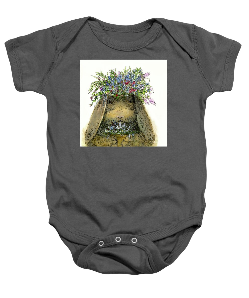  Art Baby Onesie featuring the painting Crowned Bunny by Laurie Rohner
