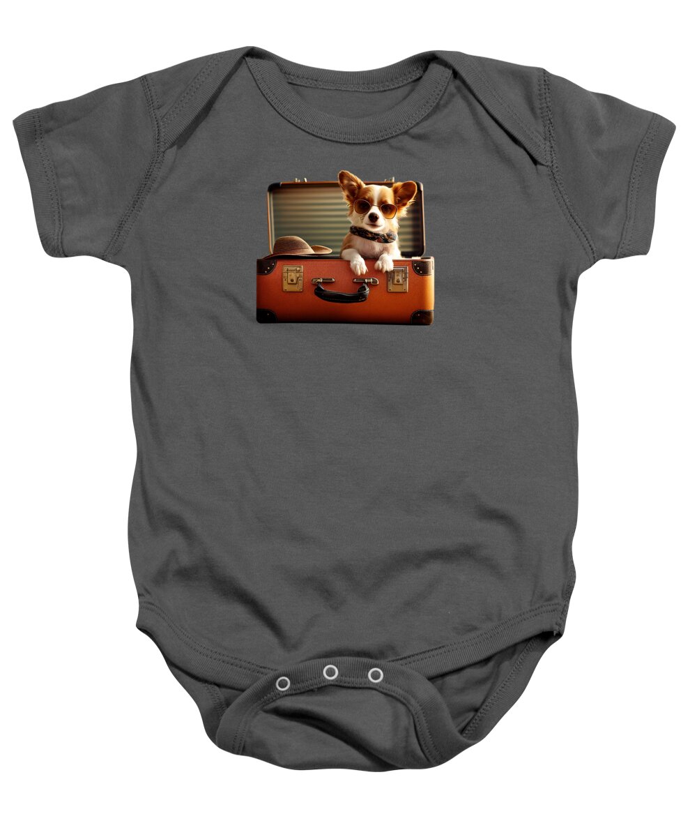 Dog Baby Onesie featuring the photograph Cute dog in a suitcase, ready to travel by Delphimages Photo Creations