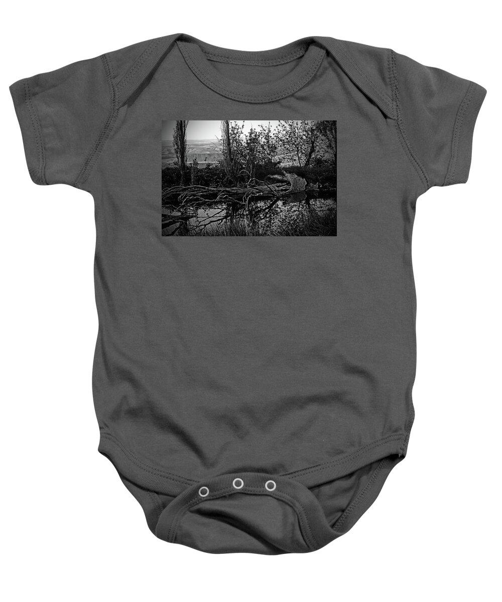  Baby Onesie featuring the digital art Dalles Mountain, Water Hole B/Ww by Fred Loring