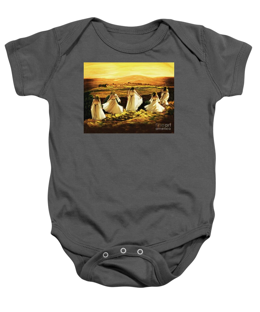 Prophetic Art Baby Onesie featuring the painting Dancing on the Mountain by Constance Woods