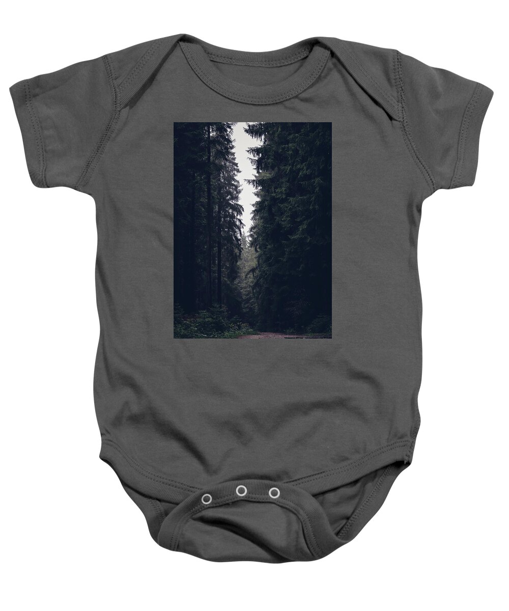 Forest Baby Onesie featuring the photograph Dark atmosphere in forest. Forgotten road in rainy day by Vaclav Sonnek