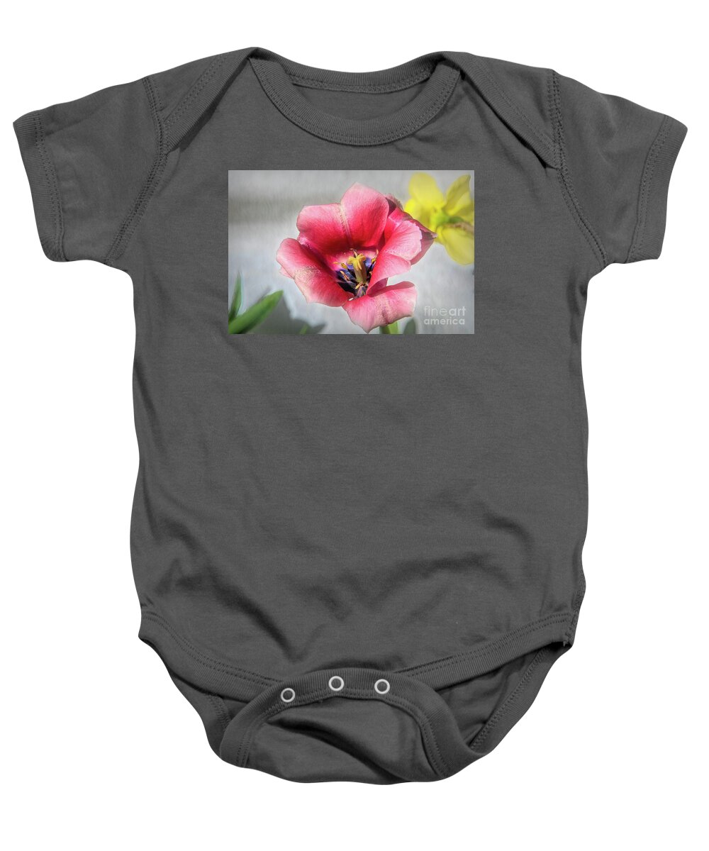 Dark Baby Onesie featuring the photograph Dark Pink Darwin Hybrid Tulip and the Daffodil by Diana Mary Sharpton