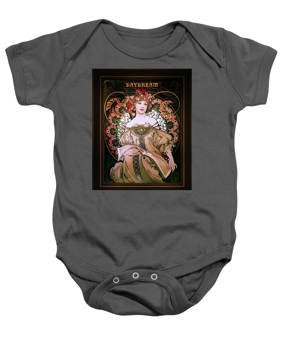 Daydream Baby Onesie featuring the painting Daydream c1896 by Alphonse Mucha Remastered Retro Art Xzendor7 Reproductions by Xzendor7