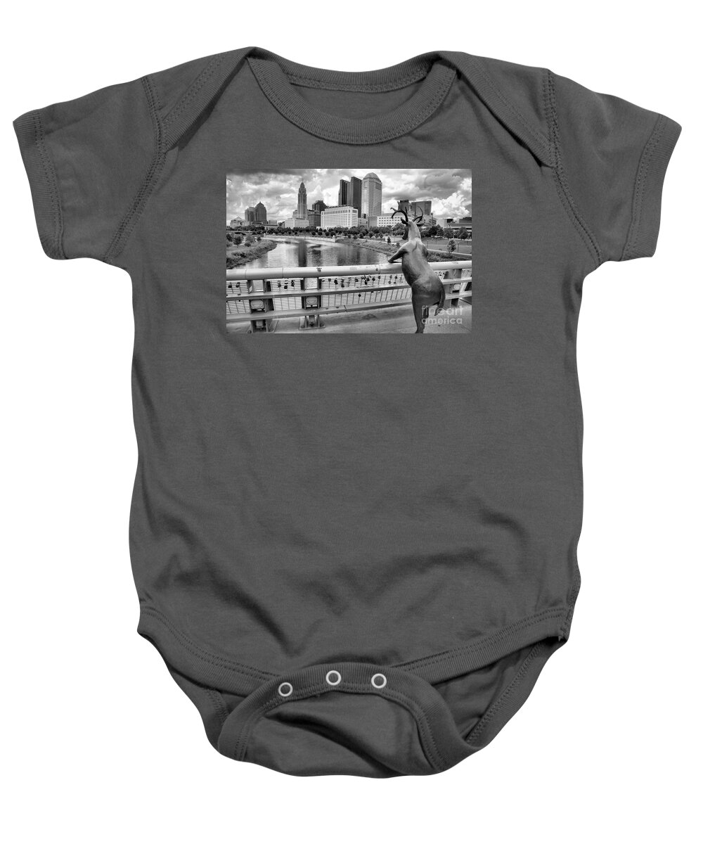 Rich Baby Onesie featuring the photograph Deer On The Rich Street Bridge Black And White by Adam Jewell