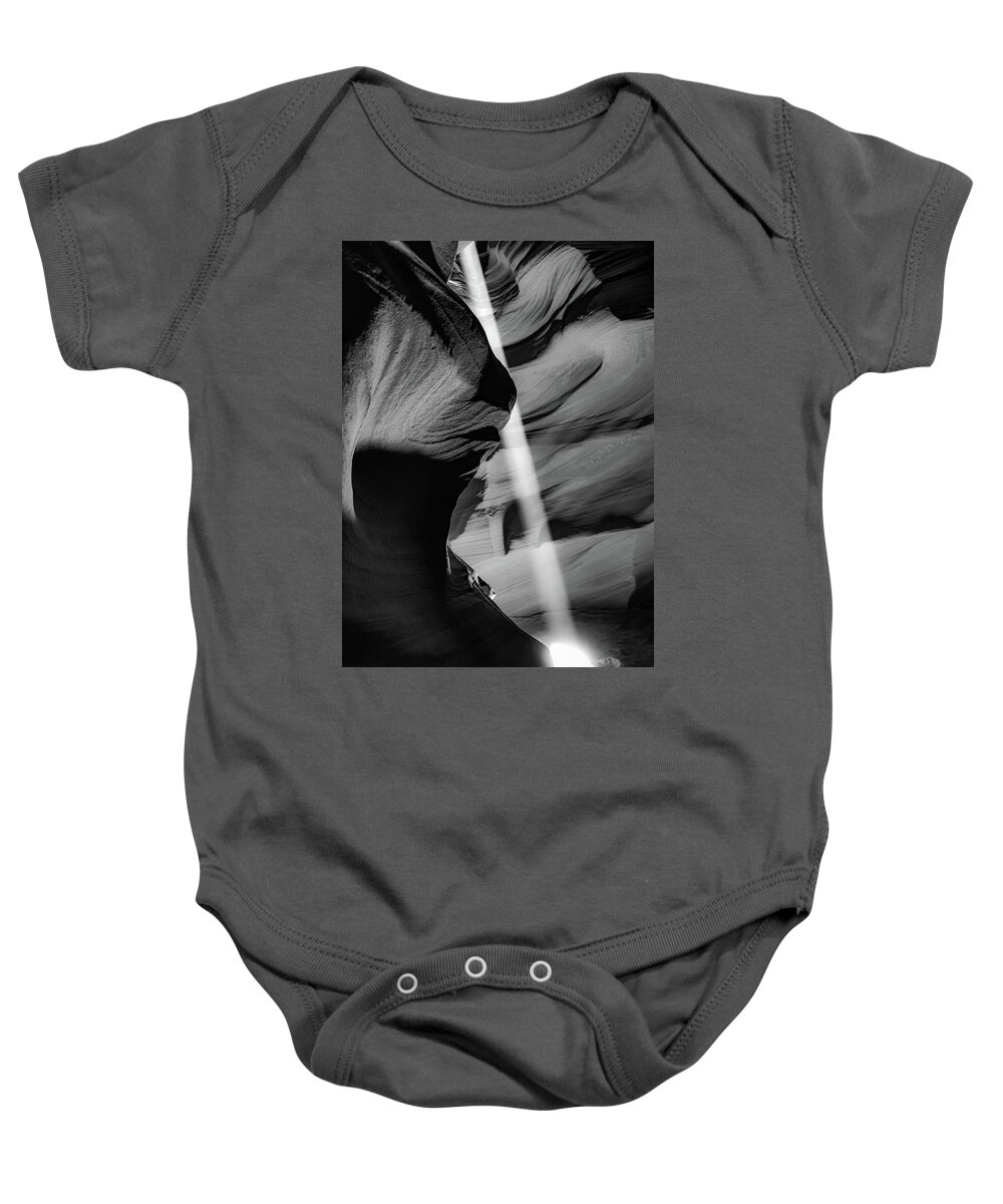 Antelope Canyon Baby Onesie featuring the photograph Descent Of Light - Antelope Canyon Monochrome by Gregory Ballos