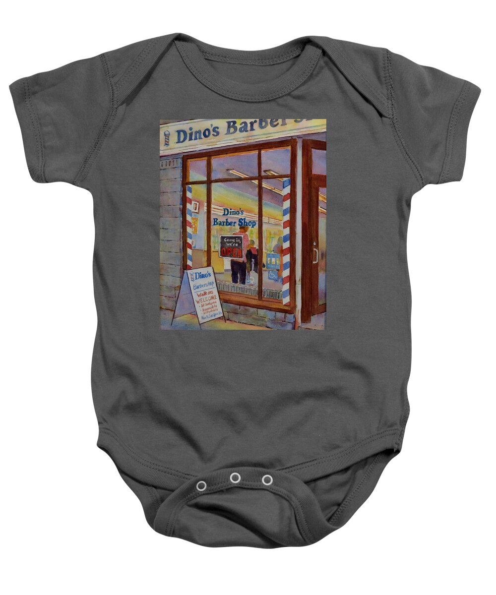 Canada Baby Onesie featuring the painting Dino's Barbershop by David Gilmore