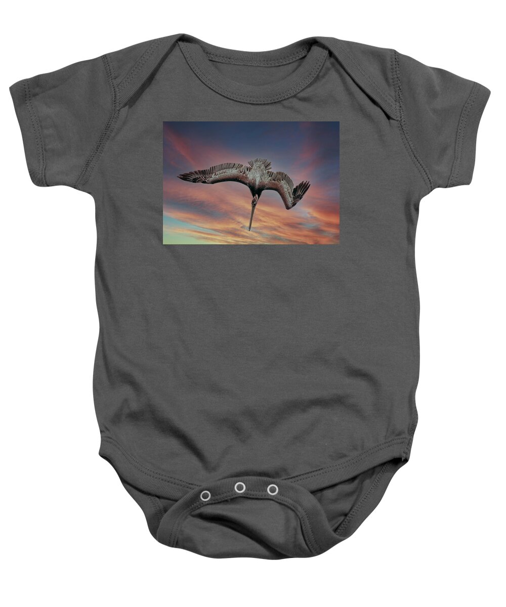 Pelican Baby Onesie featuring the photograph Diving Pelican by Jerry Cahill