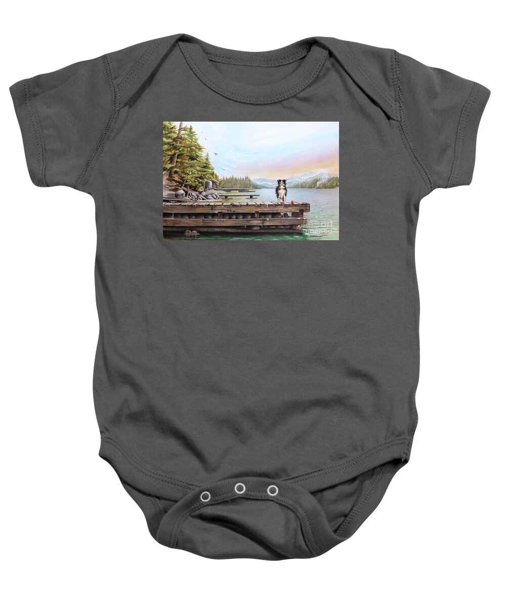 Dock Baby Onesie featuring the painting Dock Dog by Jeanette Ferguson
