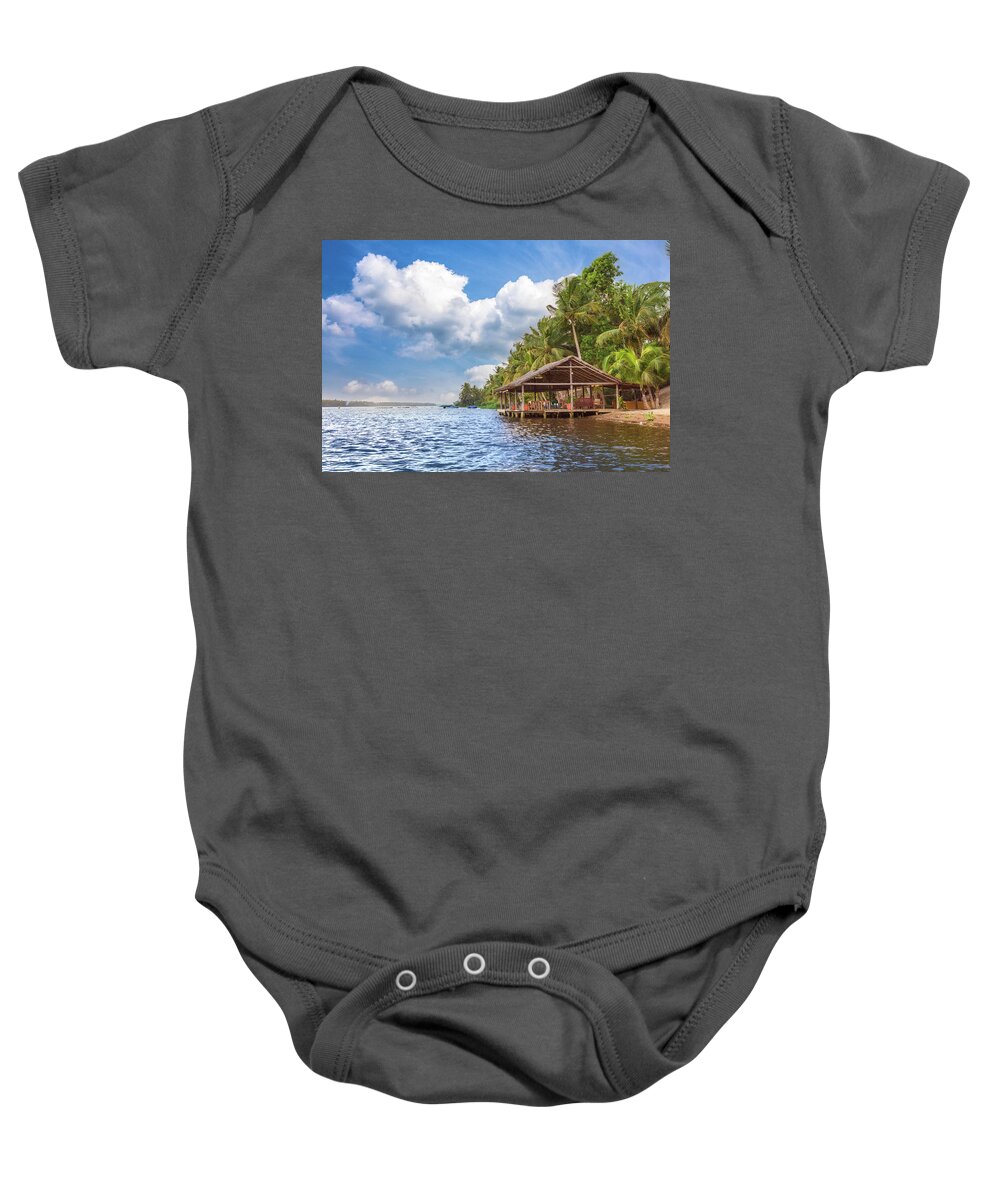 African Baby Onesie featuring the photograph Dockhouse Under the Palms by Debra and Dave Vanderlaan