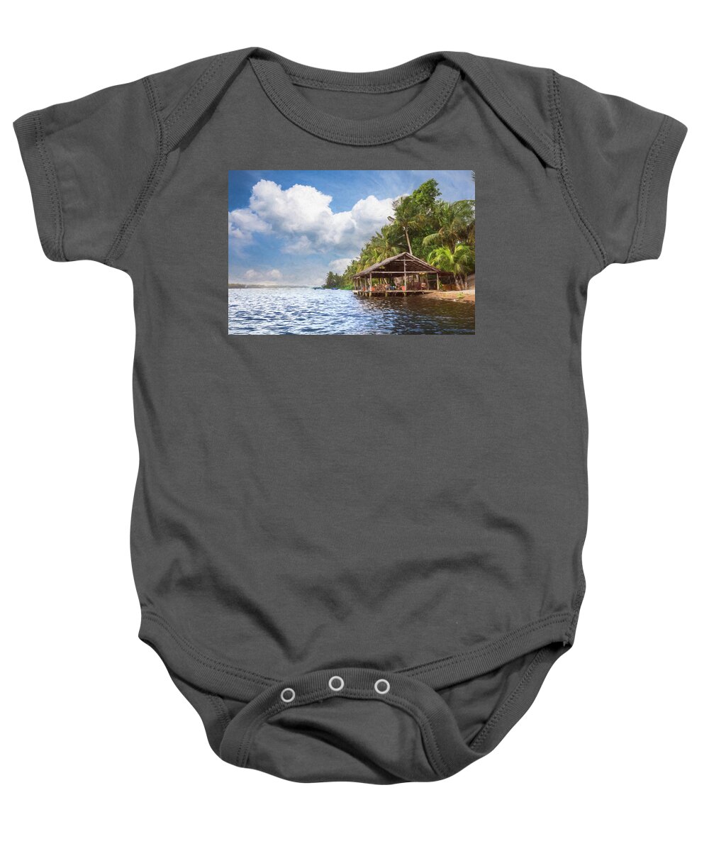 African Baby Onesie featuring the photograph Dockhouse Under the Palms Painting by Debra and Dave Vanderlaan