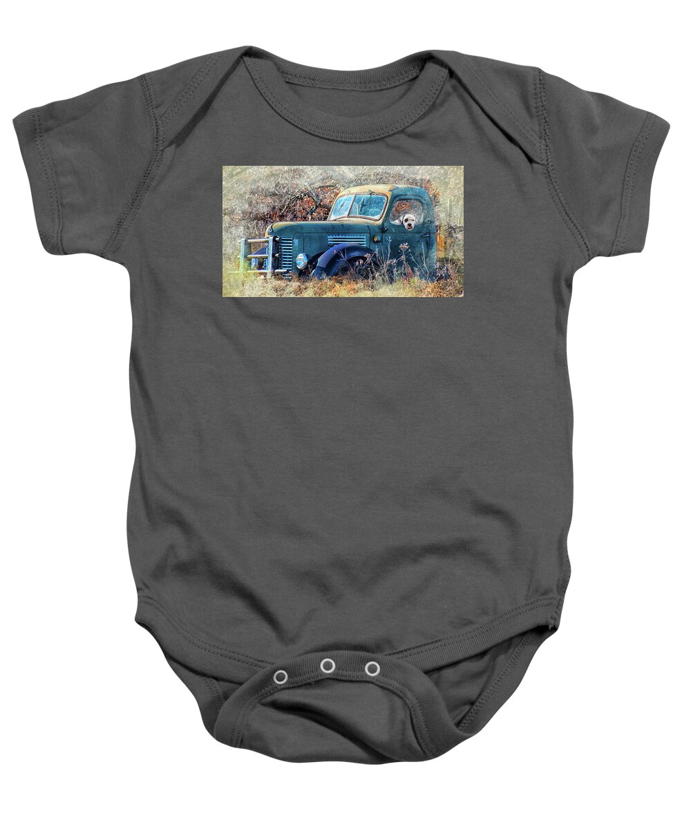 Truck Baby Onesie featuring the photograph Dog in the Truck by Jolynn Reed