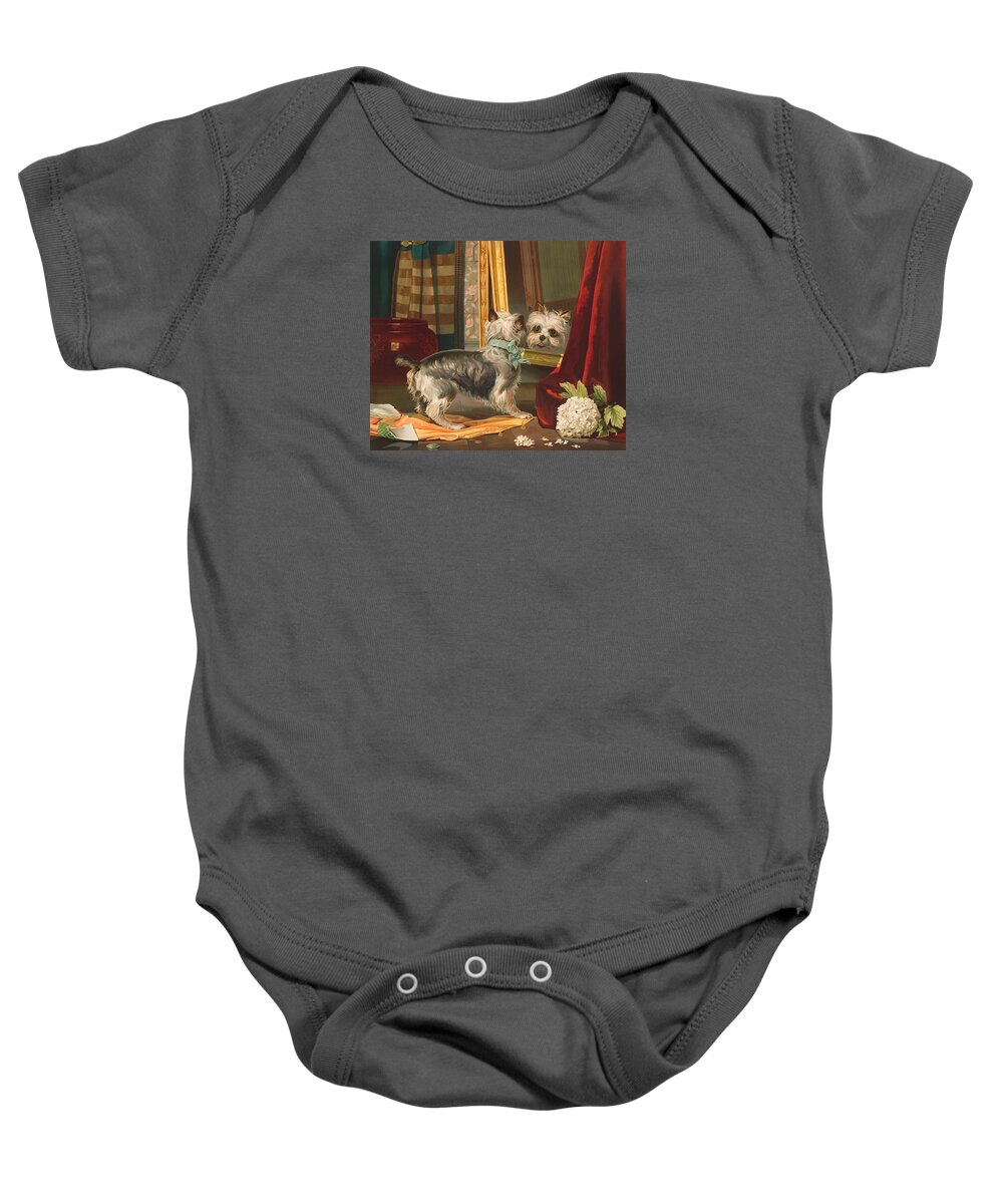 Dog Baby Onesie featuring the painting Dog Looking Into Mirror - Vintage Lithograph - 1888 by War Is Hell Store