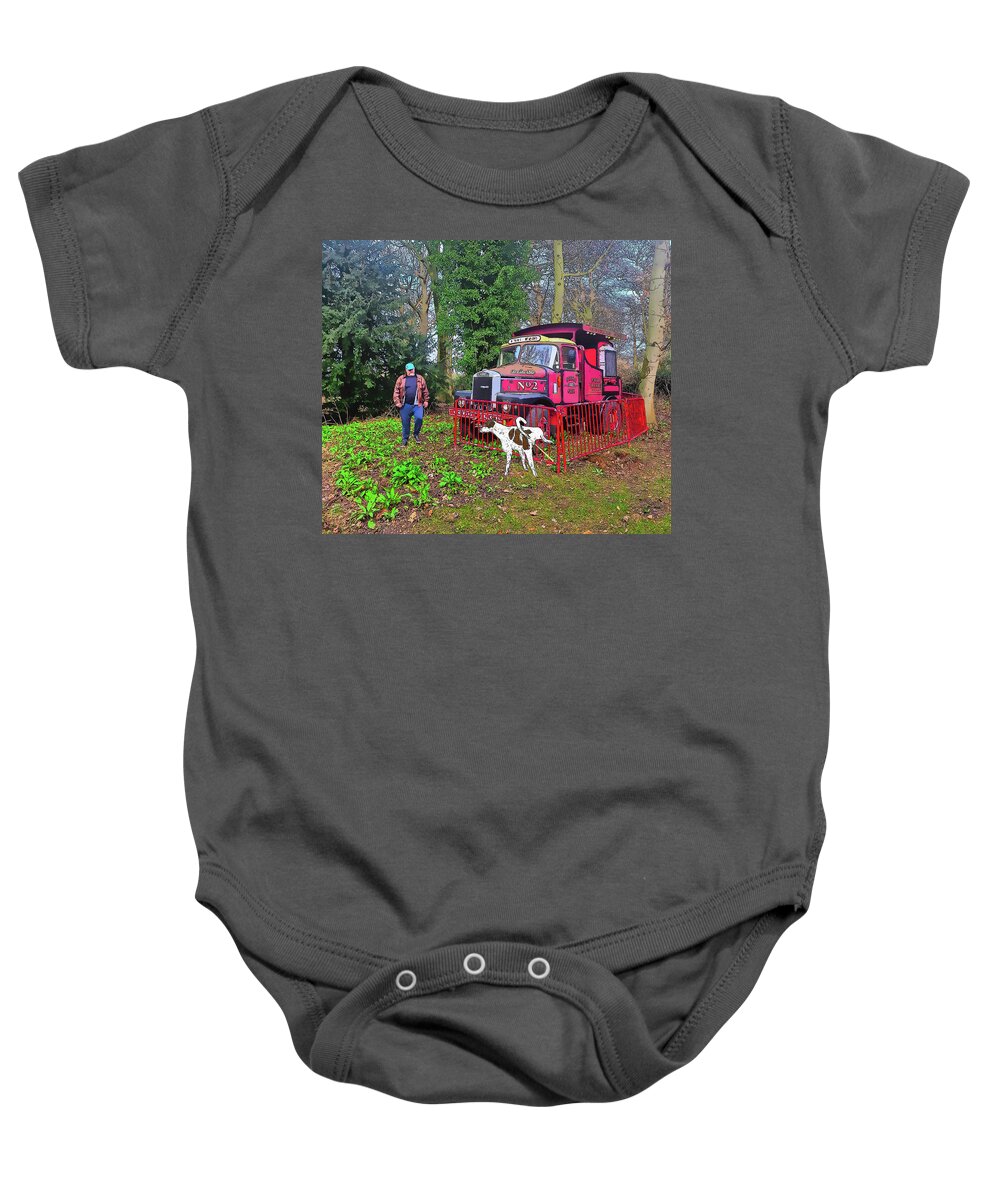 Antique Baby Onesie featuring the mixed media Dog Weeing on Antique Truck Exhibit Comic Book Style by Shelli Fitzpatrick