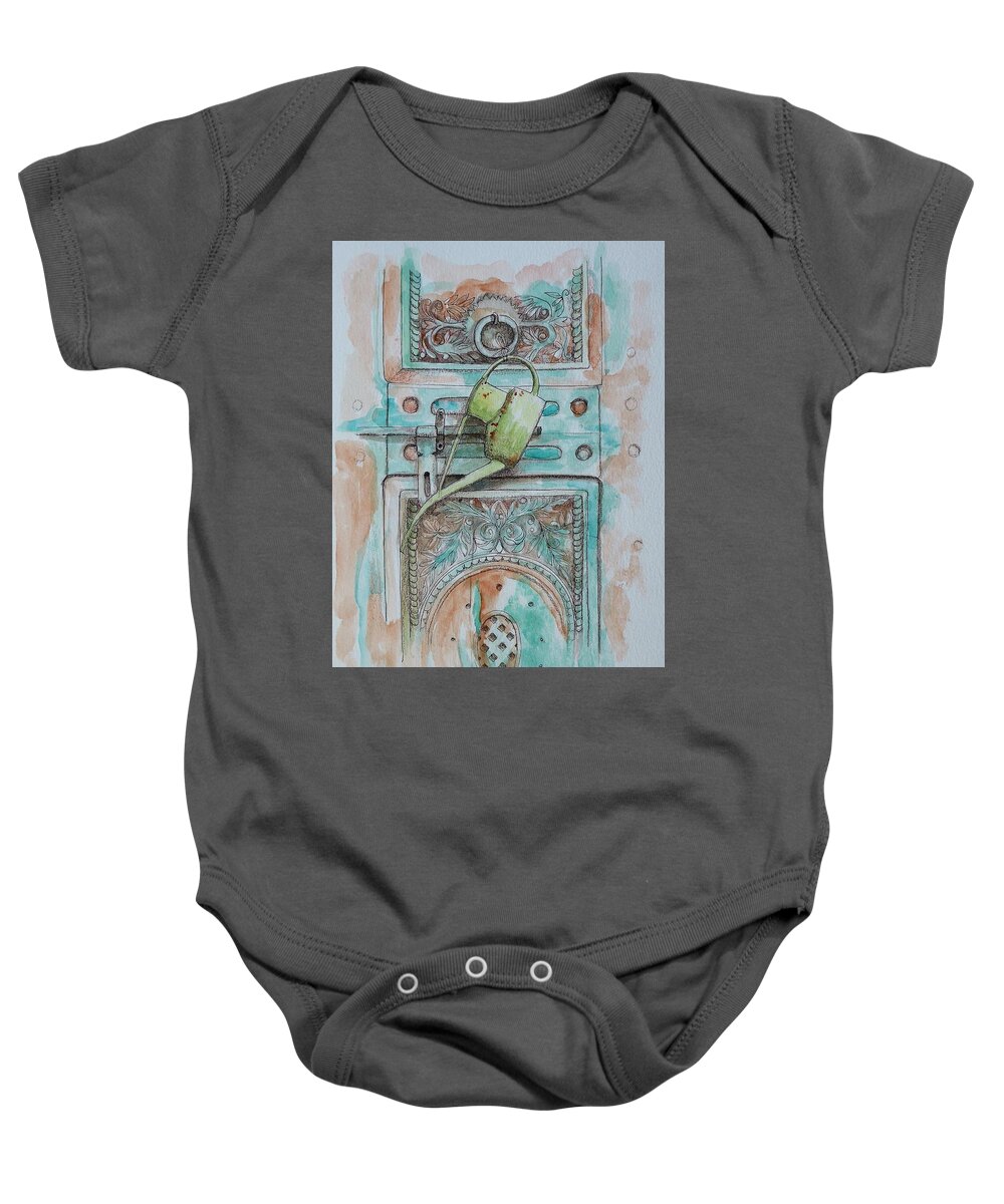 Watering Can Baby Onesie featuring the mixed media Door with watering can by Lisa Mutch