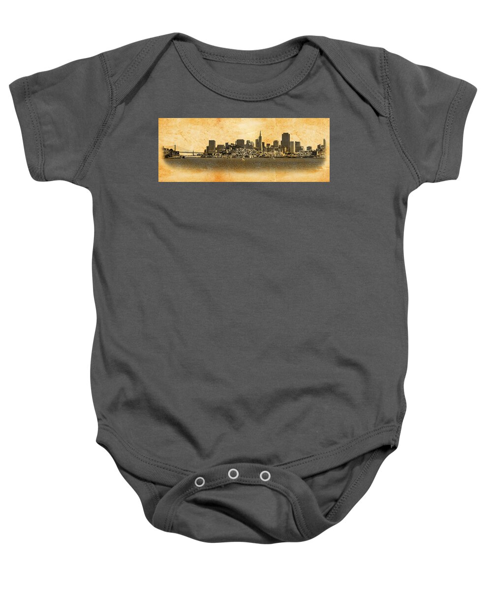 San Francisco Baby Onesie featuring the digital art Downtown San Francisco skyline and the Golden Gate bridge - blended on old paper by Nicko Prints