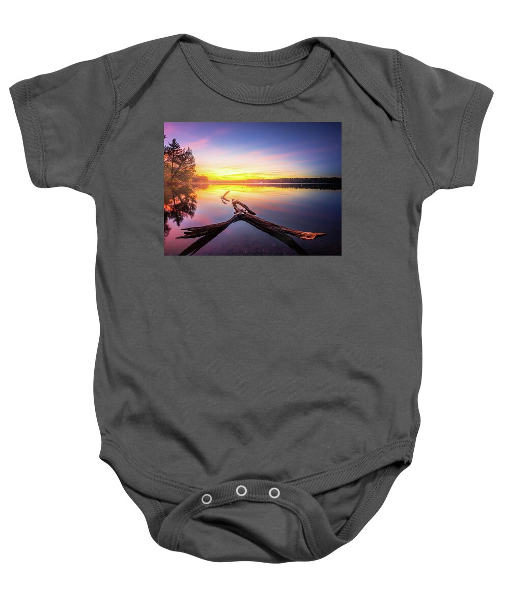 Davis Lake Baby Onesie featuring the photograph Driftwood At Sunset Davis Lake Mississippi by Jordan Hill