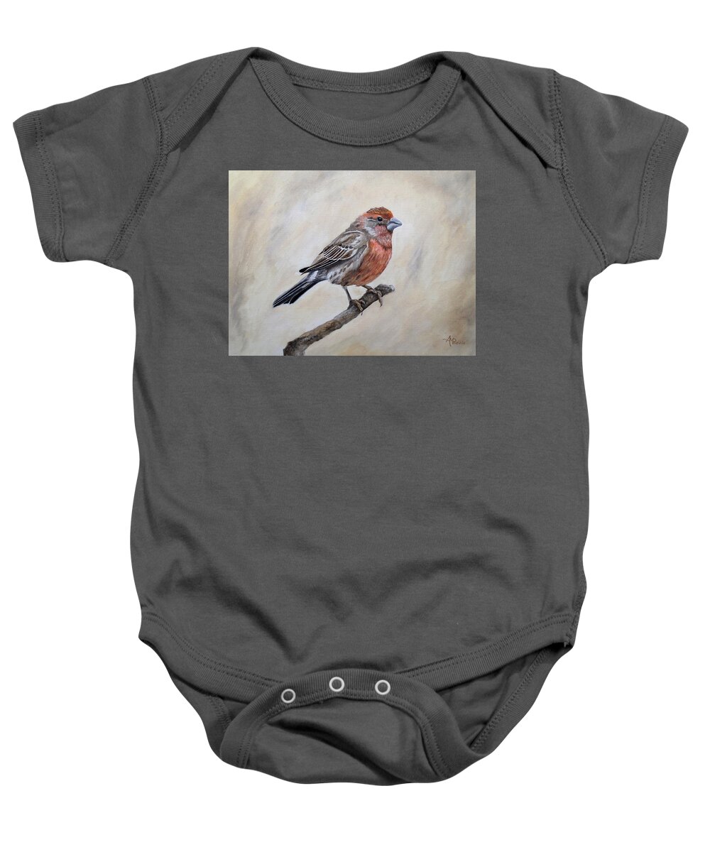 Finch Baby Onesie featuring the painting Eager For Winter by Angeles M Pomata