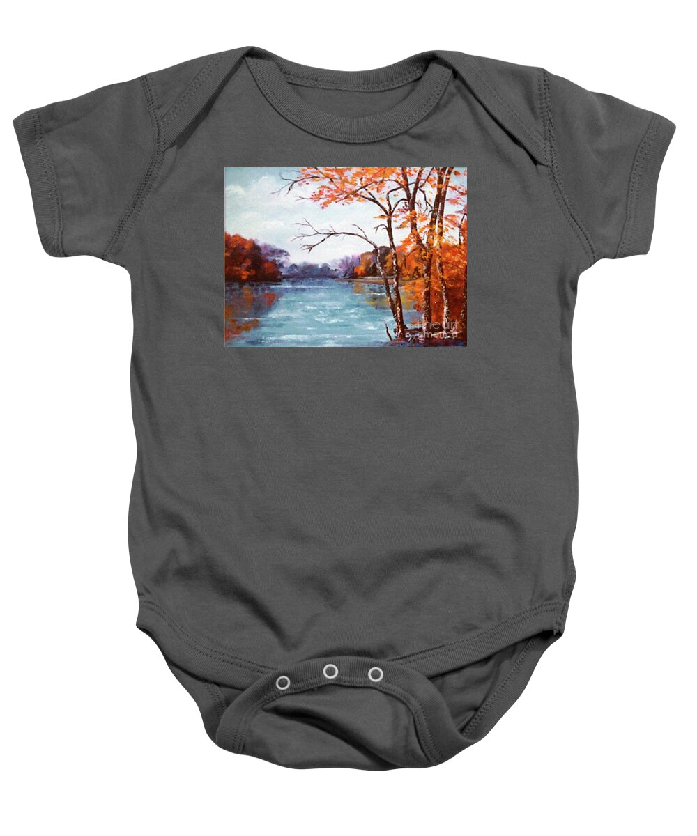 Mountain Baby Onesie featuring the painting Mountain Lake and Rowboat by Catherine Ludwig Donleycott