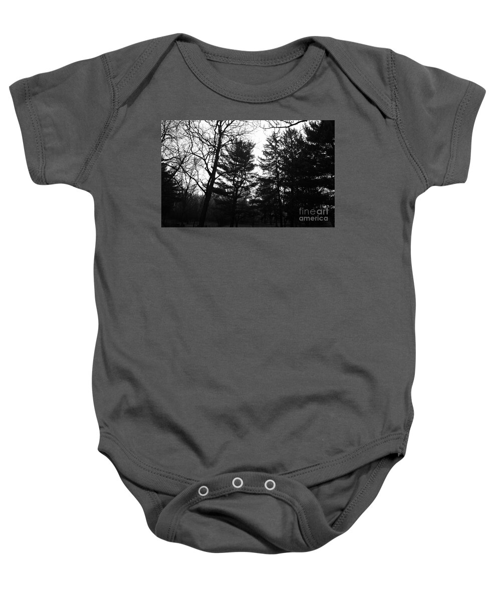 Landscape Baby Onesie featuring the photograph Early Spring Sunrise Fog - Black and White by Frank J Casella