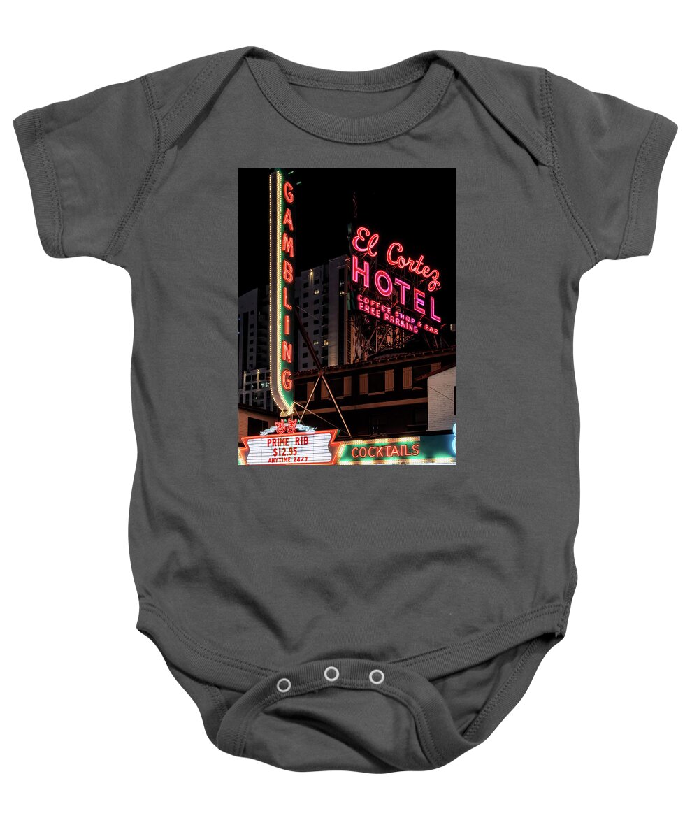El Cortez Hotel Baby Onesie featuring the photograph El Cortez Casino Fremont Street Neon Signs at Night by Aloha Art