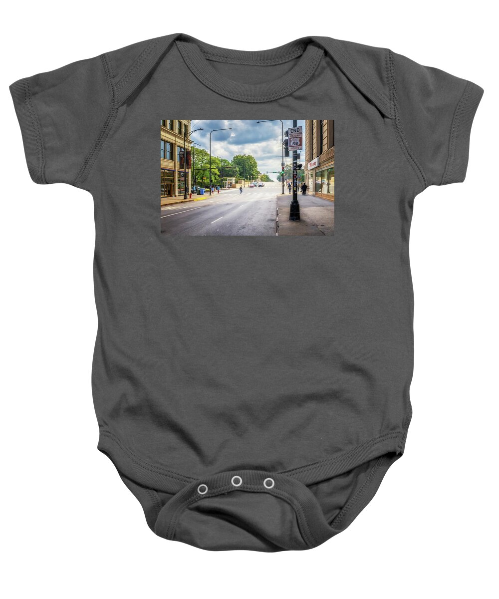Route 66 Baby Onesie featuring the photograph End Route 66 Sign - Chicago, Illinois by Susan Rissi Tregoning