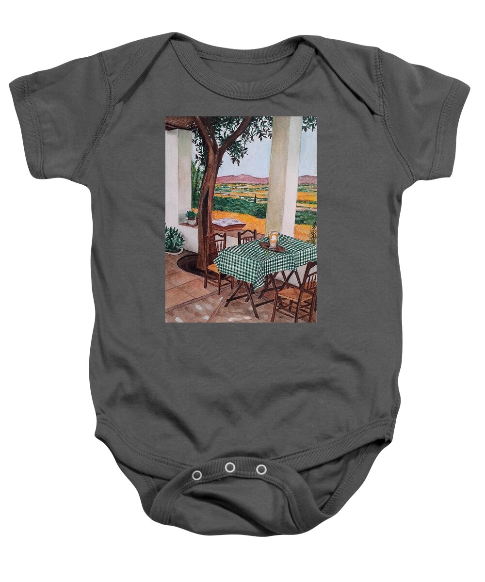 Porche Baby Onesie featuring the painting Evening in the porch. Malaga. Spain by Carolina Prieto Moreno