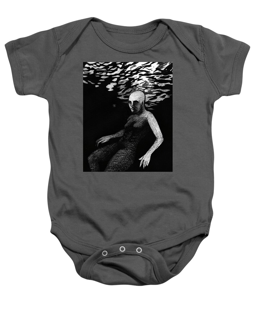 Black And White Drawing Baby Onesie featuring the painting Fae Turns Into Mergirl by Stephen Humphries