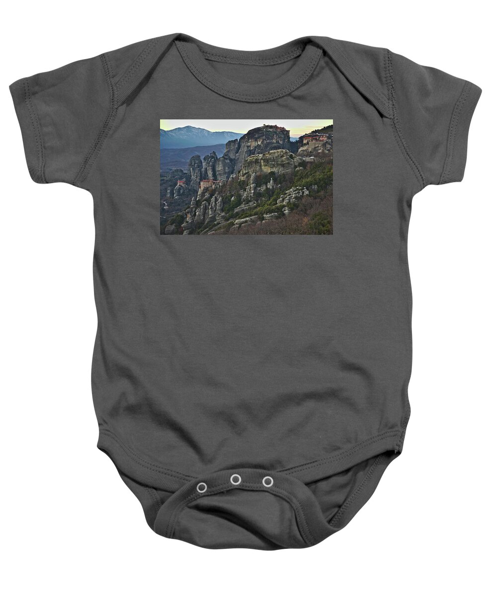 Meteora Baby Onesie featuring the photograph Fall evening in Meteora by Sean Hannon