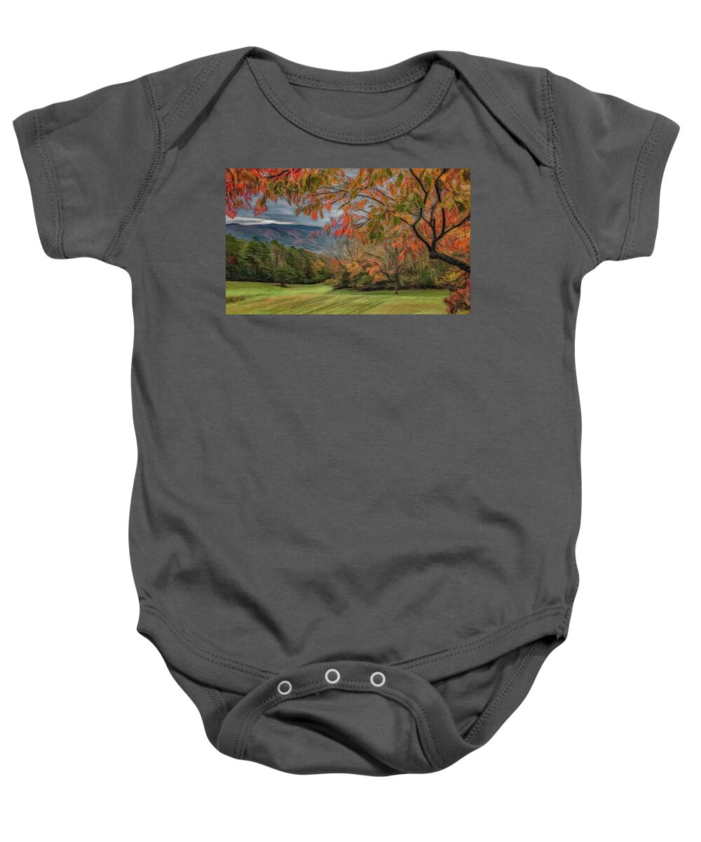 Cades Cove Baby Onesie featuring the photograph Fall in the Cove, Stylized by Marcy Wielfaert