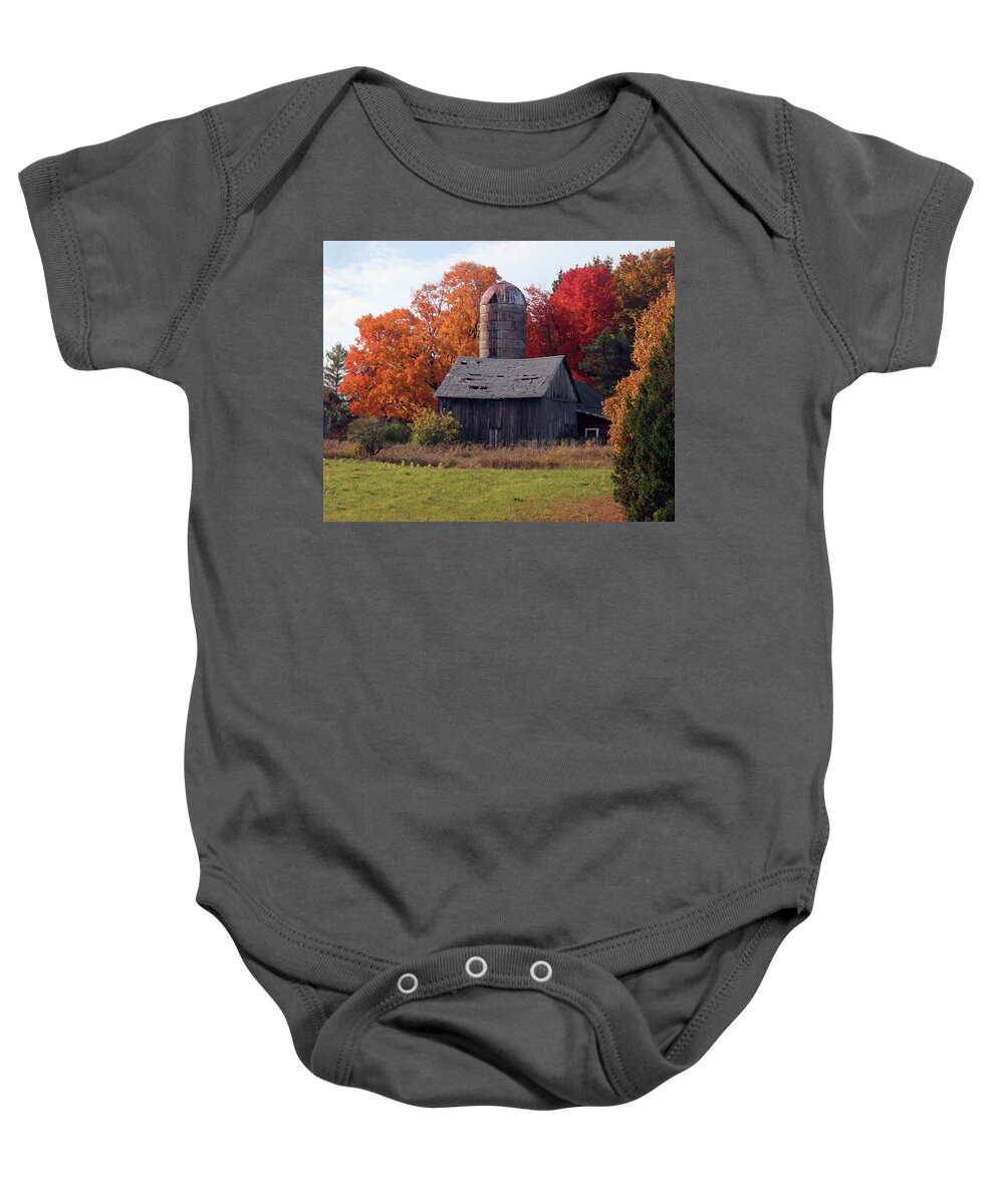 Silo Baby Onesie featuring the photograph Fall Weathered Barn and Silo 2 by David T Wilkinson