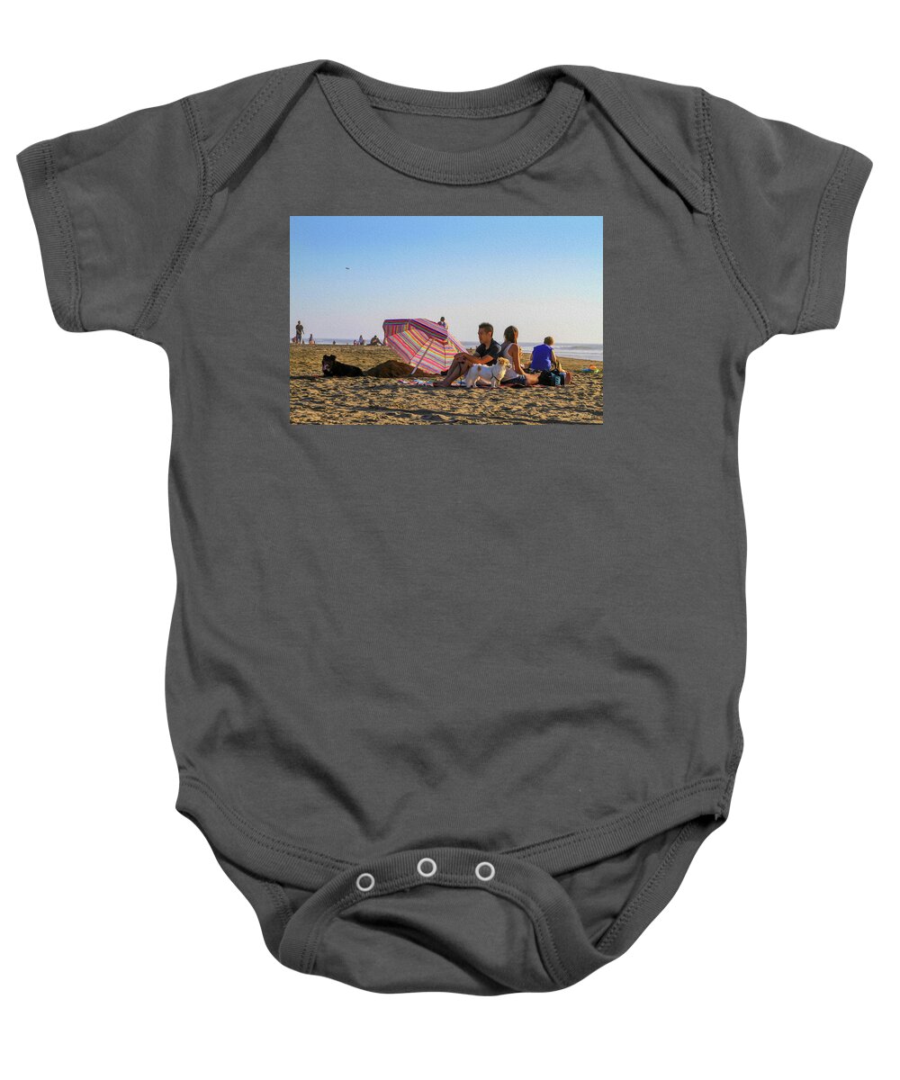 Bonnie Follett Baby Onesie featuring the digital art Family at Ocean Beach with Dogs by Bonnie Follett