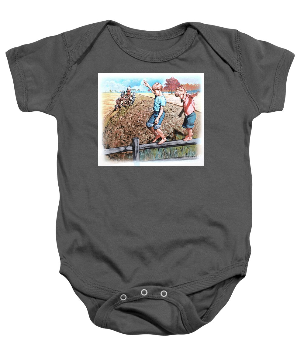 Jim Butcher Baby Onesie featuring the painting Farming And Plowing by Jim Butcher