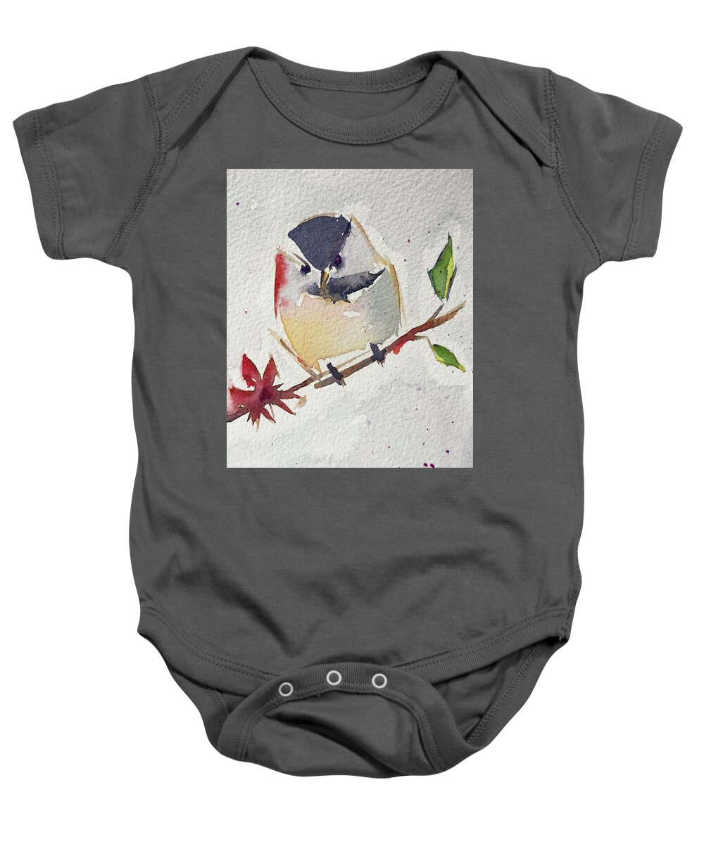 Chickadee Baby Onesie featuring the painting Fat little Chickadee by Roxy Rich