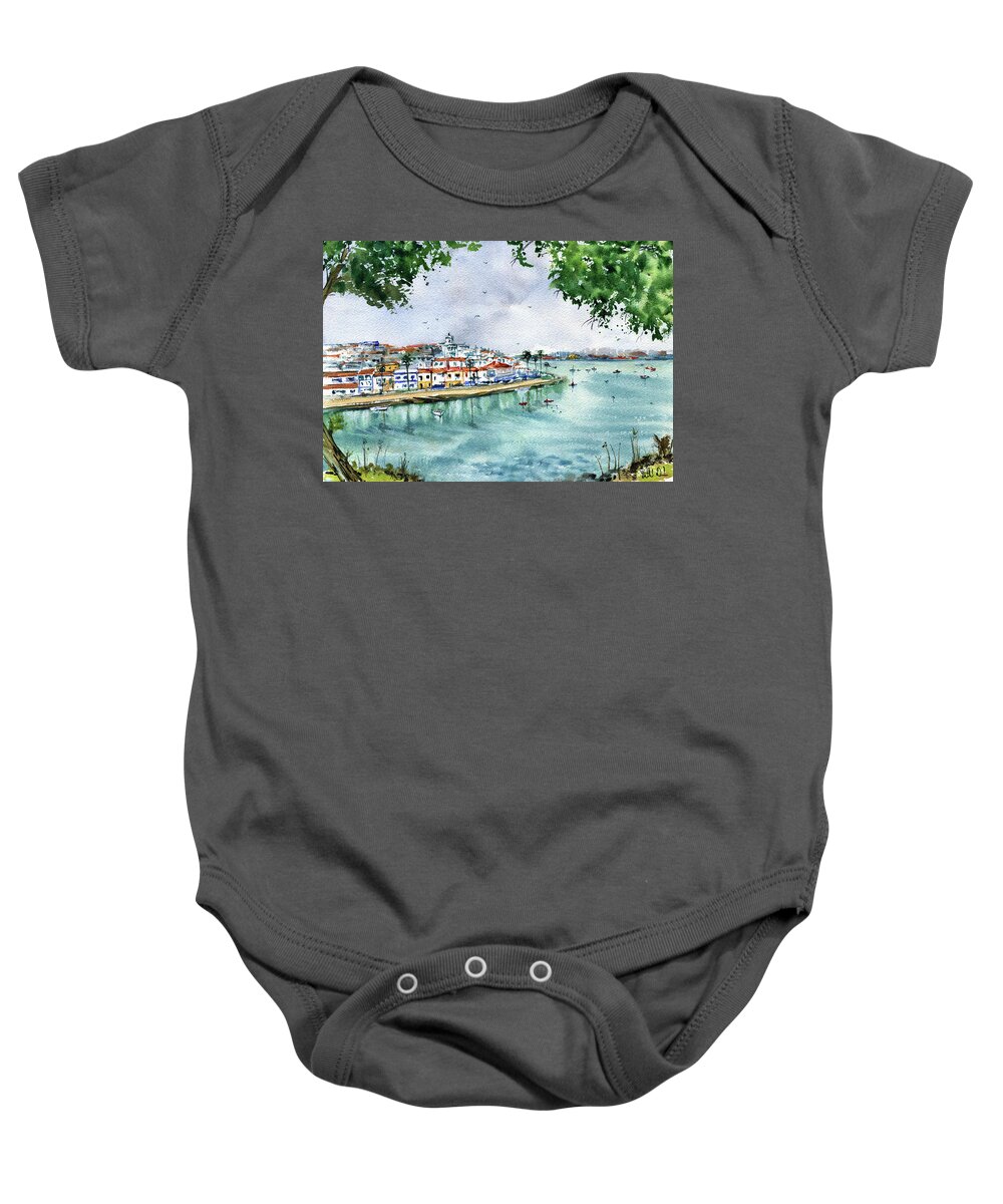 Portugal Baby Onesie featuring the painting Ferragudo Portugal Painting by Dora Hathazi Mendes