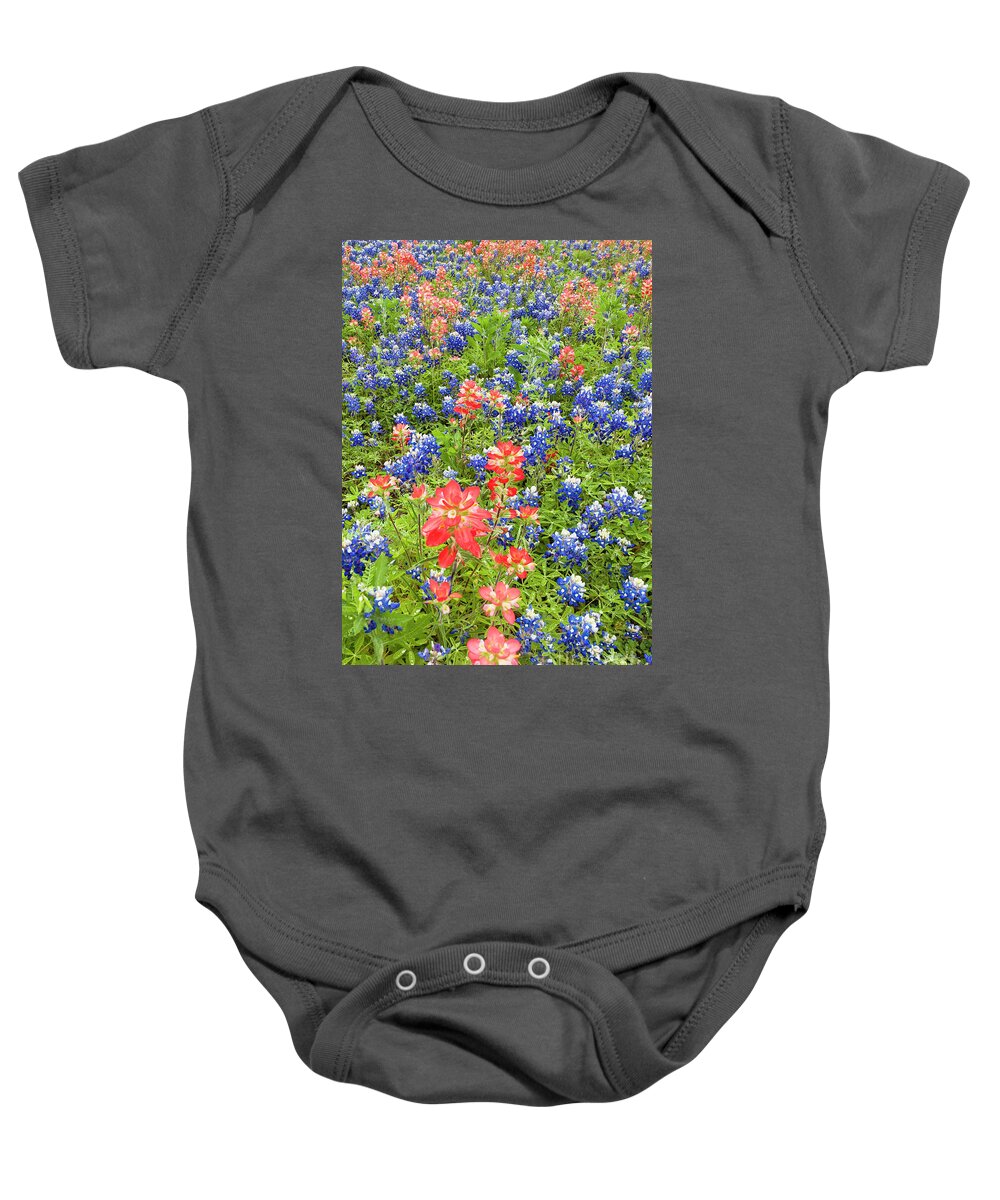 Dave Welling Baby Onesie featuring the photograph Field Of Bluebonnets And Indian Paintbrush Texas Hill Country by Dave Welling