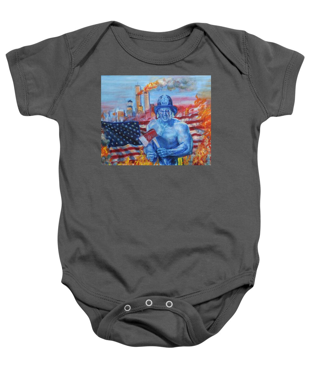 Fireman Baby Onesie featuring the painting firemans ghost NYFD 911 01 by Veronica Cassell vaz