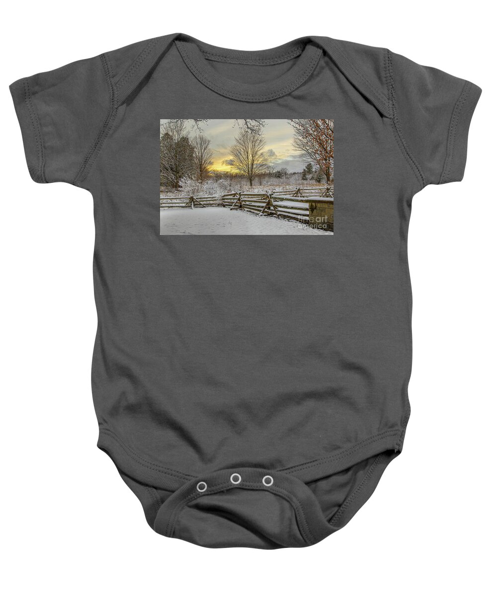 Autumn Baby Onesie featuring the photograph First Snow by Roger Monahan