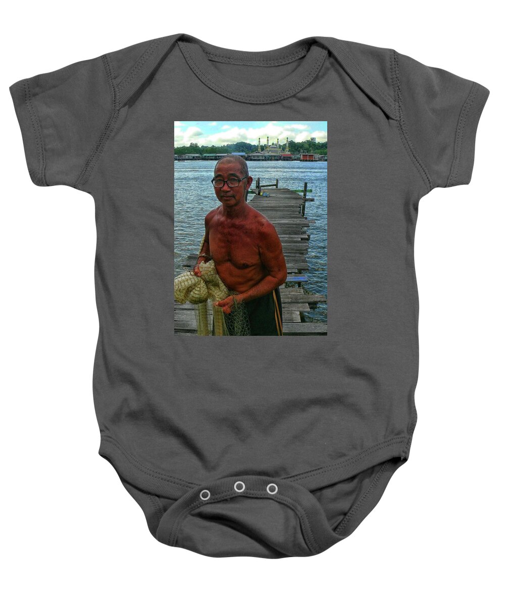 Brunei Baby Onesie featuring the photograph Fisherman from the water village by Robert Bociaga