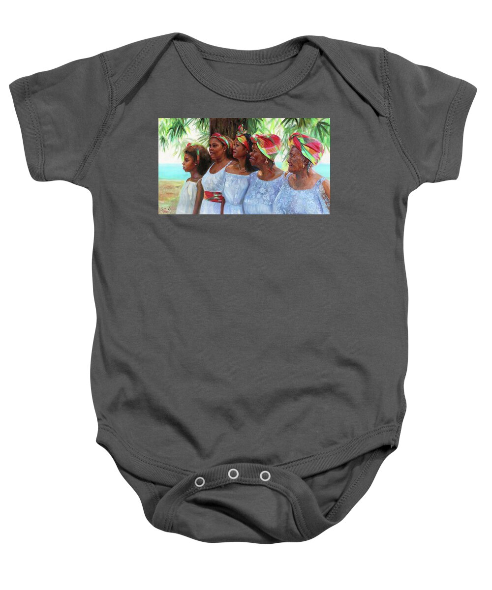 Women Baby Onesie featuring the painting Five Generations by Jonathan Guy-Gladding JAG